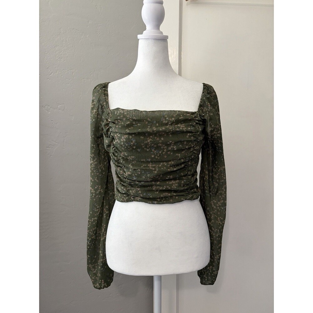 Y2K Top LULUS Small Green Floral Square Neck Ruched Smocked Babydoll Milkmaid